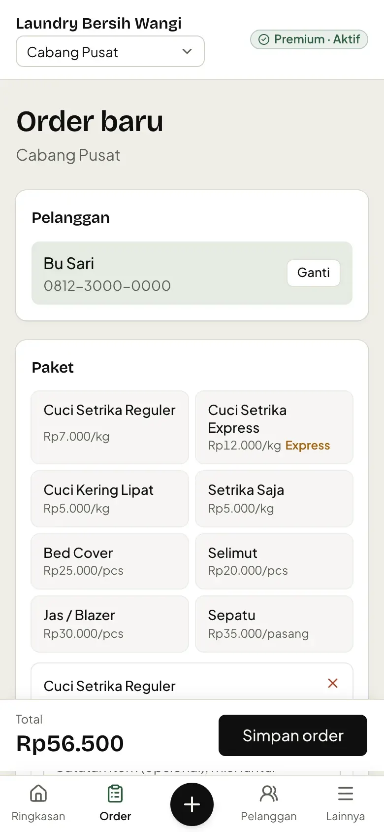 Layar order baru di HP