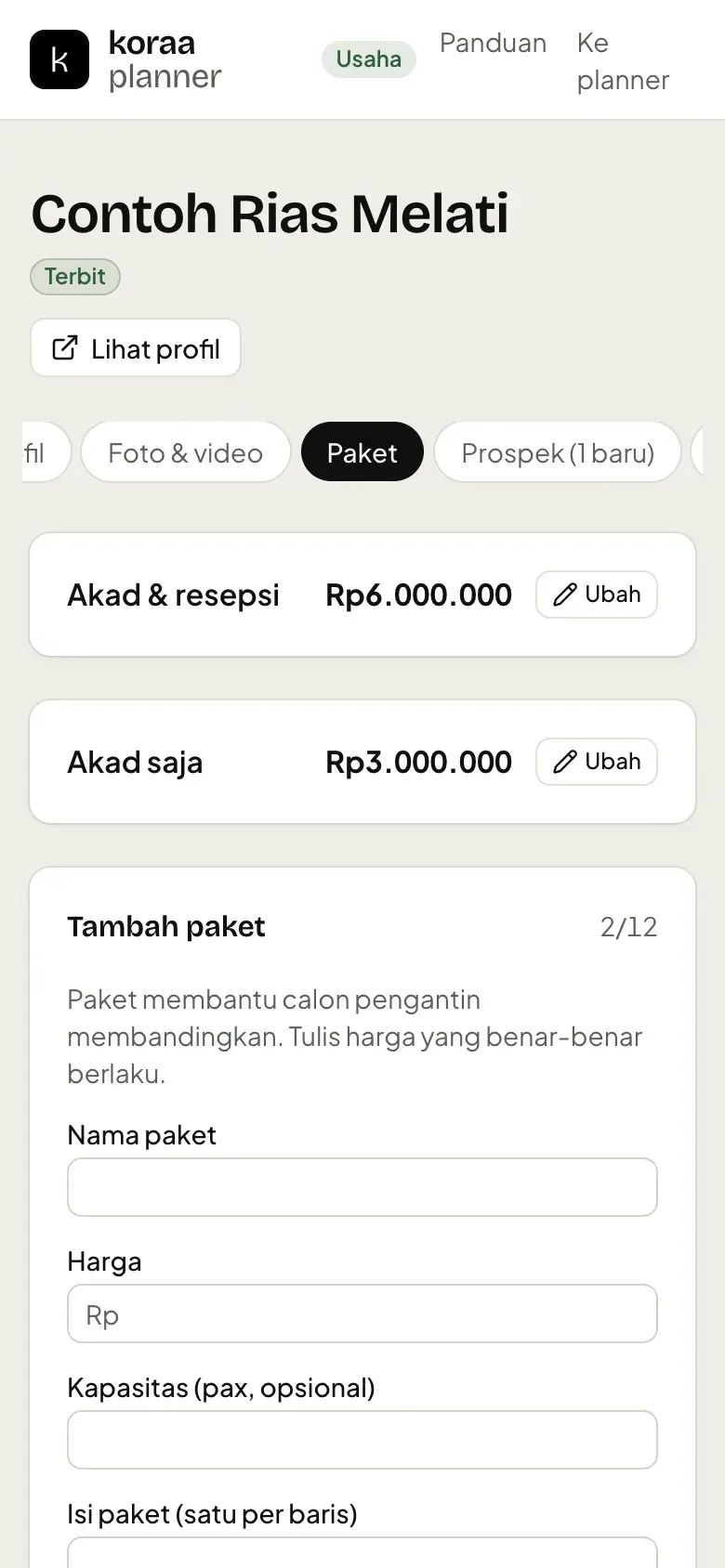 Paket & harga vendor